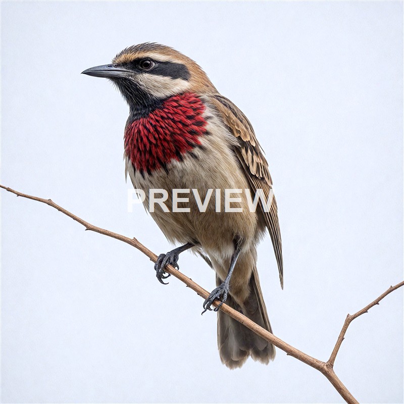 A detailed close-up of a small bird with a distinctive red and black patch on its throat, perched on a thin, leafless branch against a plain, light background.